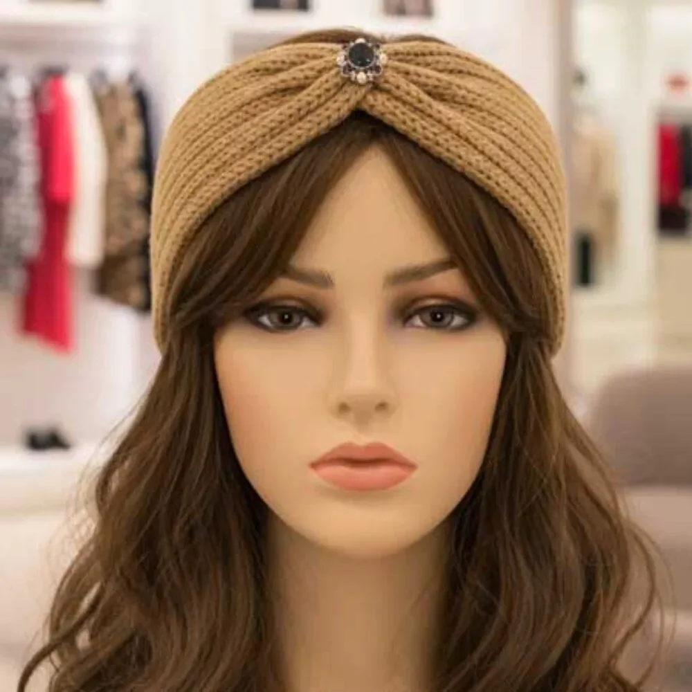 Ladies Tan Vintage Style Jewel Knitted Winter Headband